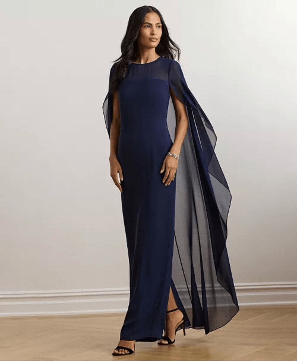 Lauren Ralph Lauren Sheer Cape Georgette Gala Ball Gown Navy 16